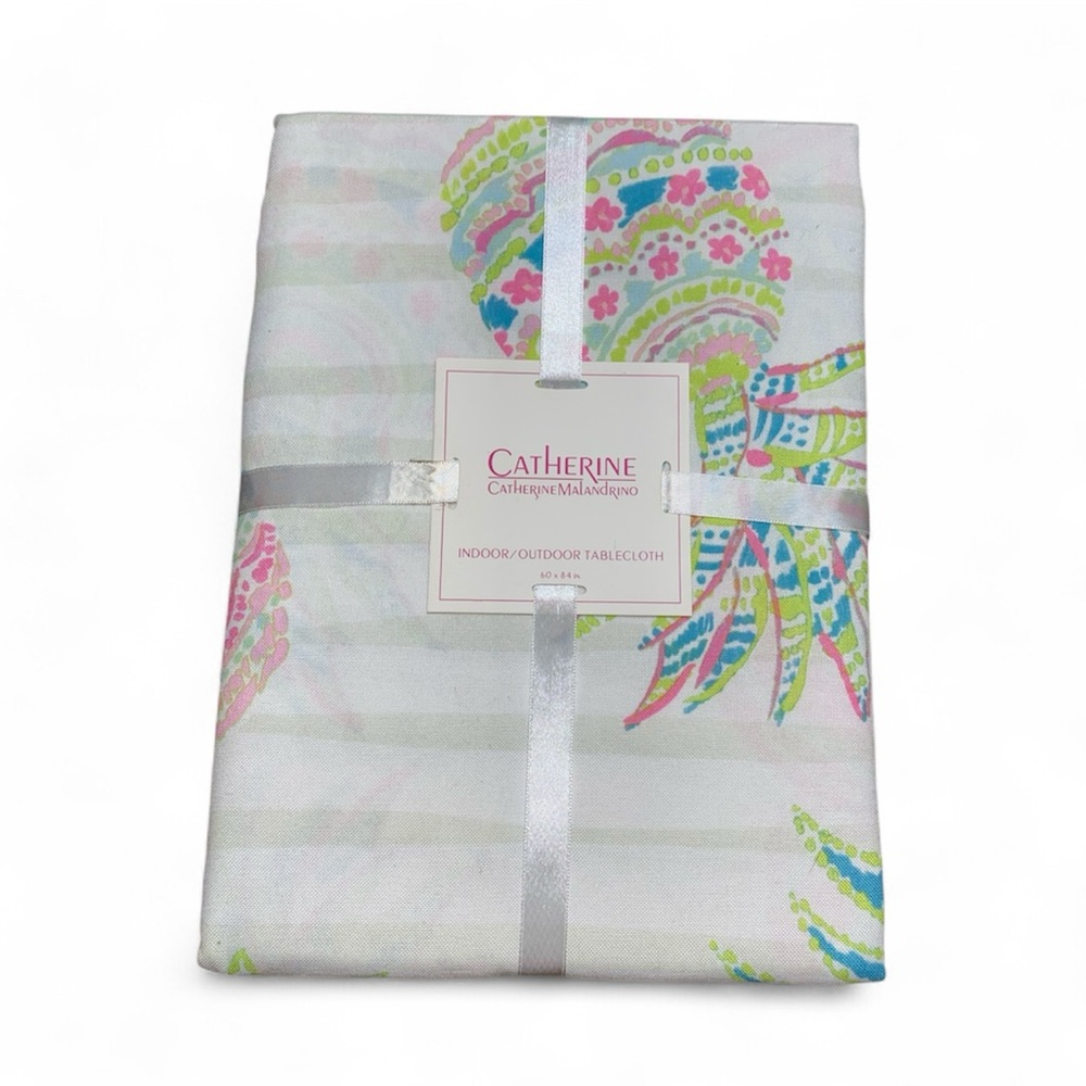 * Catherine Malandrino indoor outdoor tablecloth 60X84” pink green new